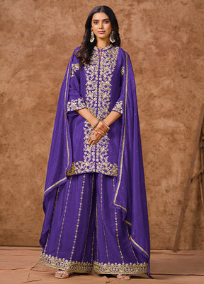 3 Pc Purple Semi Stitched Silk Suit Set