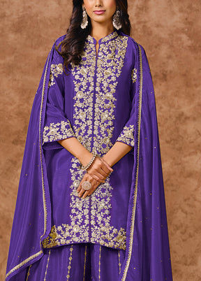 3 Pc Purple Semi Stitched Silk Suit Set