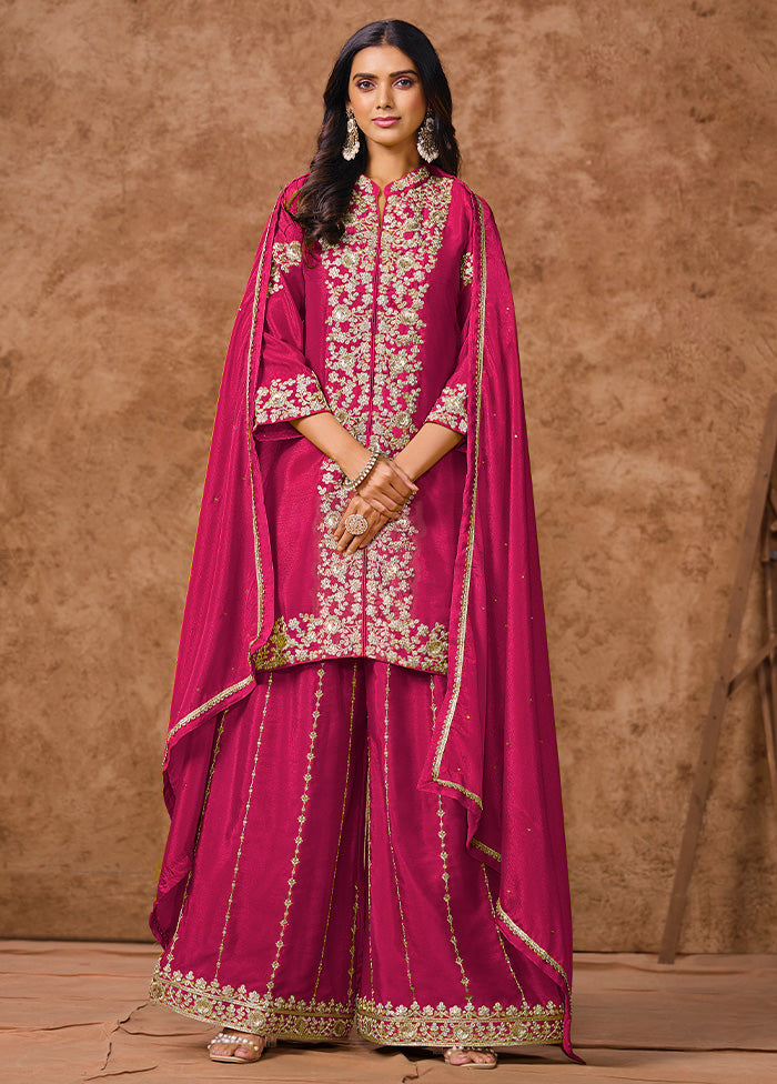 3 Pc Pink Semi Stitched Silk Suit Set