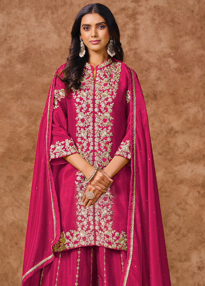 3 Pc Pink Semi Stitched Silk Suit Set