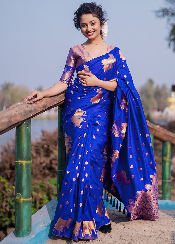 Blue Spun Silk Saree With Blouse Piece