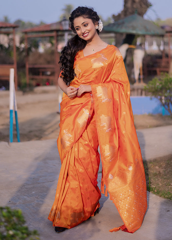 Orange Spun Silk Saree With Blouse Piece