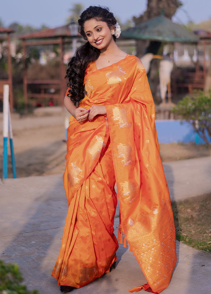 Orange Spun Silk Saree With Blouse Piece