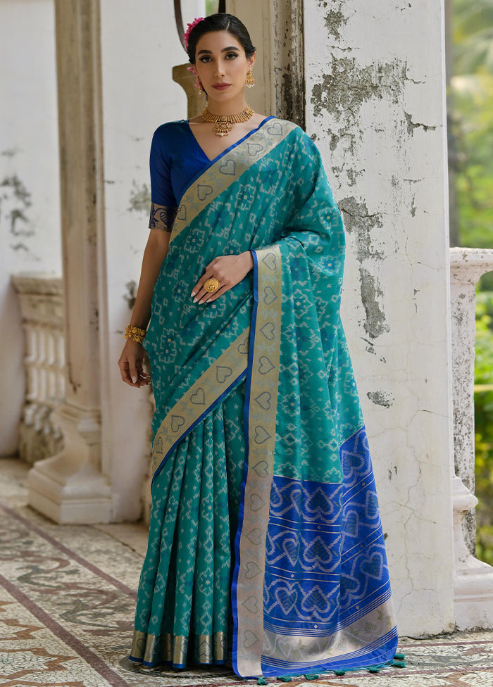 Teal Spun Silk Saree With Blouse Piece