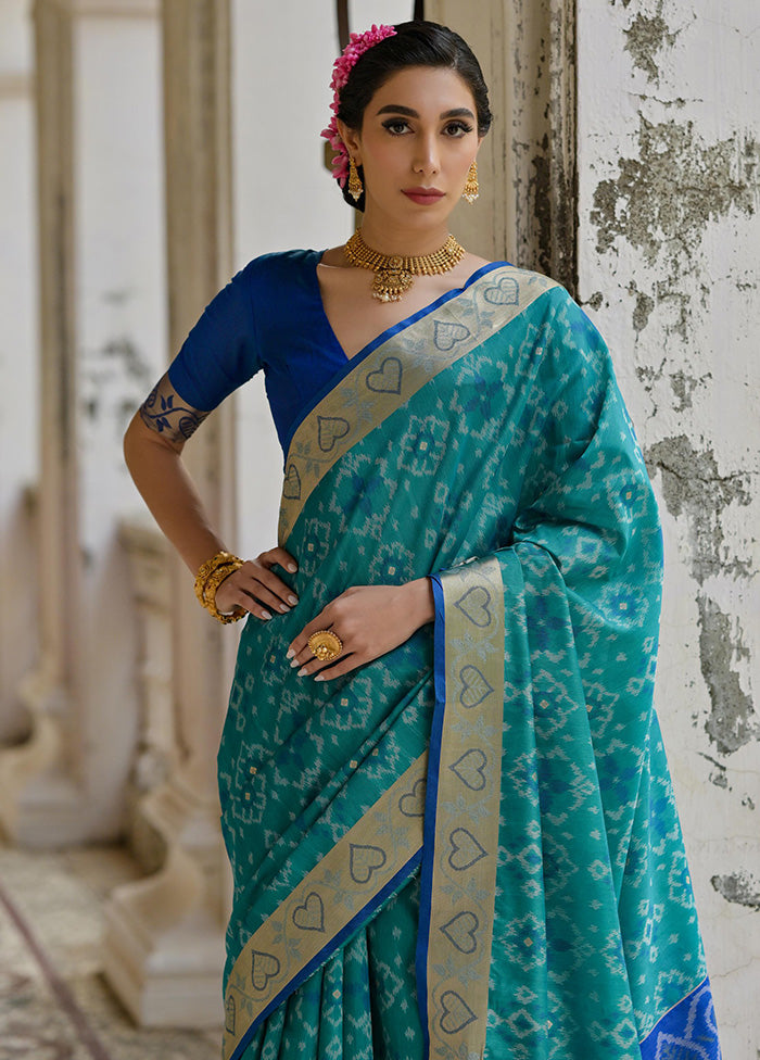 Teal Spun Silk Saree With Blouse Piece