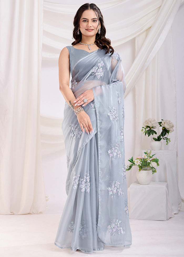 Grey Spun Silk Saree With Blouse Piece