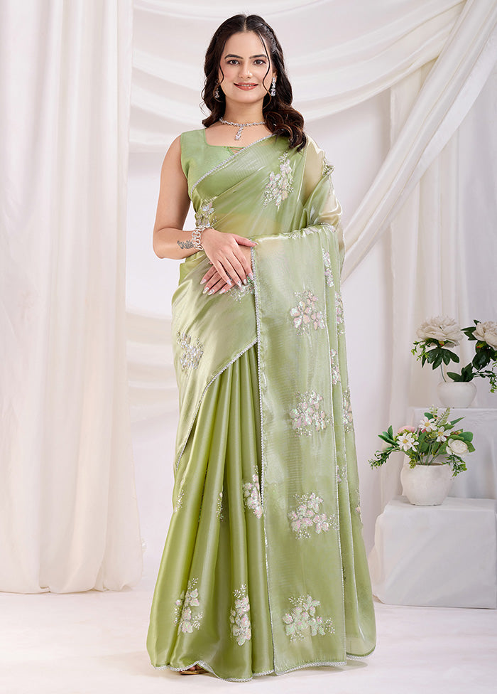 Pista Green Spun Silk Saree With Blouse Piece