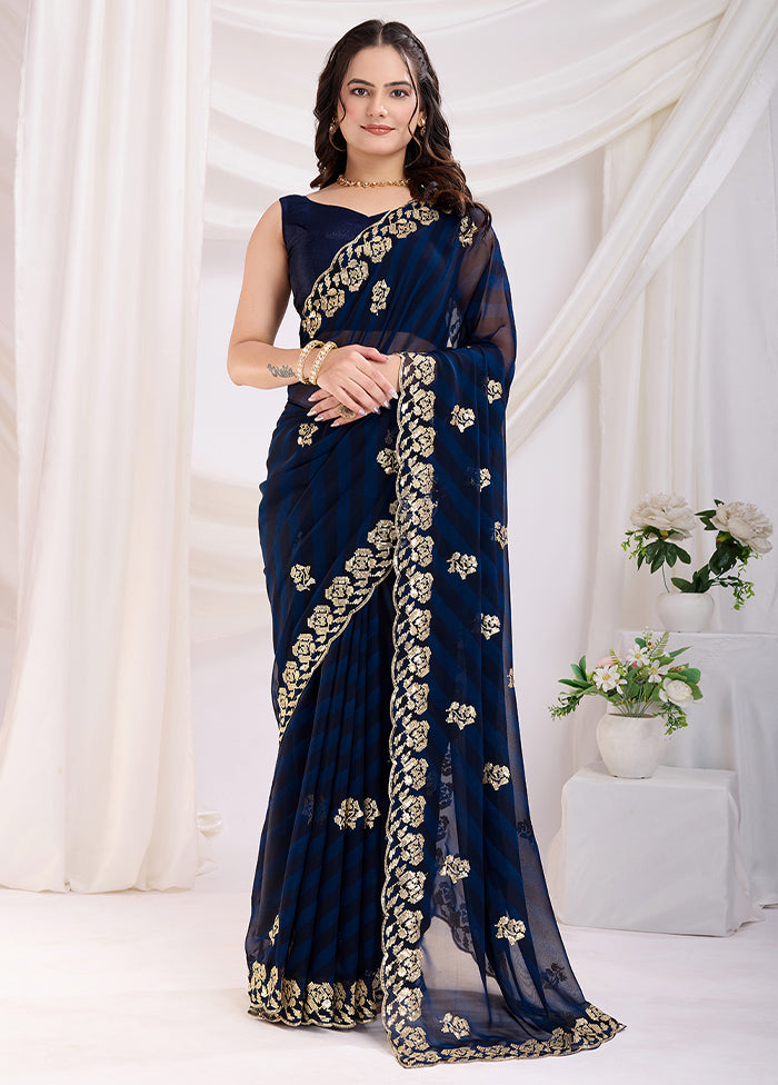 Blue Georgette Saree With Blouse Piece