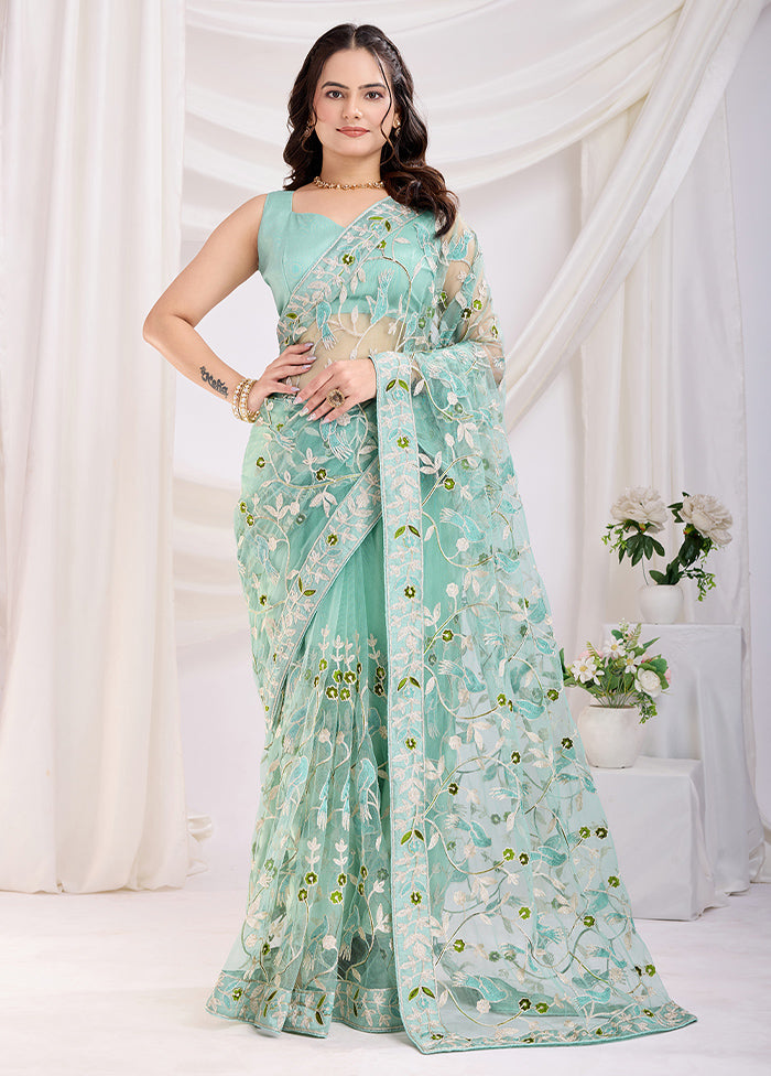 Sea Green Net Saree With Blouse Piece