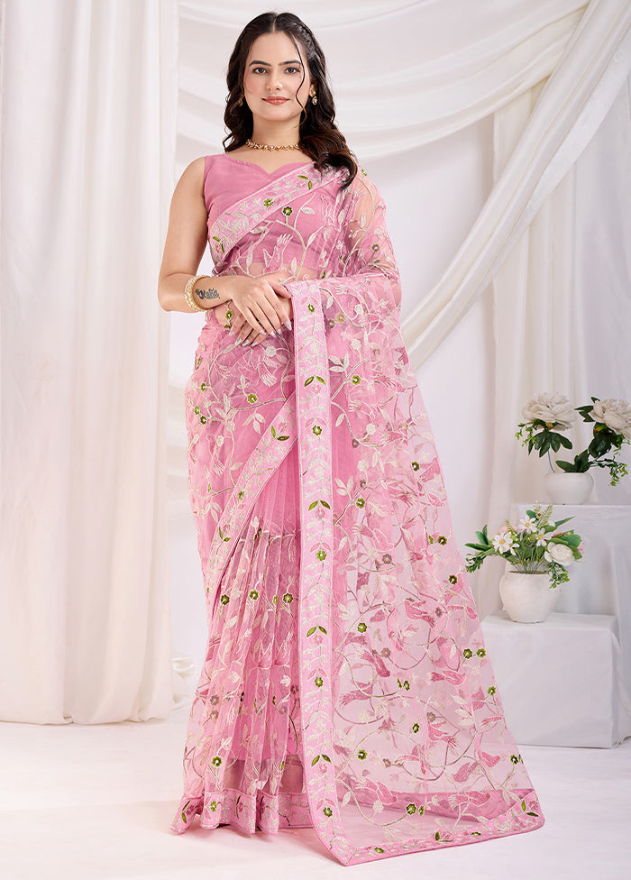 Pink Net Saree With Blouse Piece