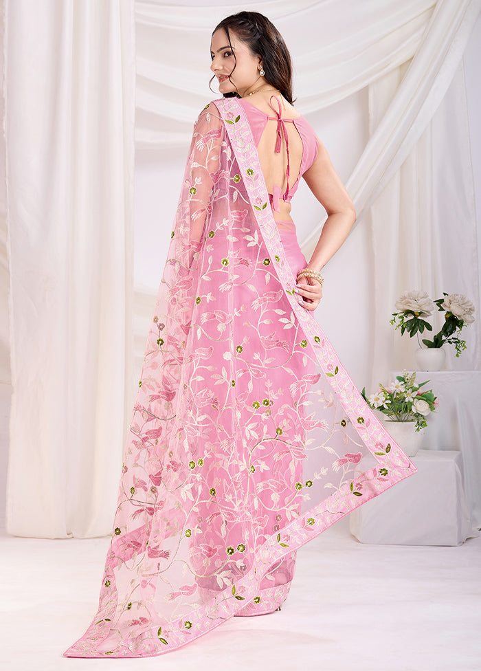 Pink Net Saree With Blouse Piece