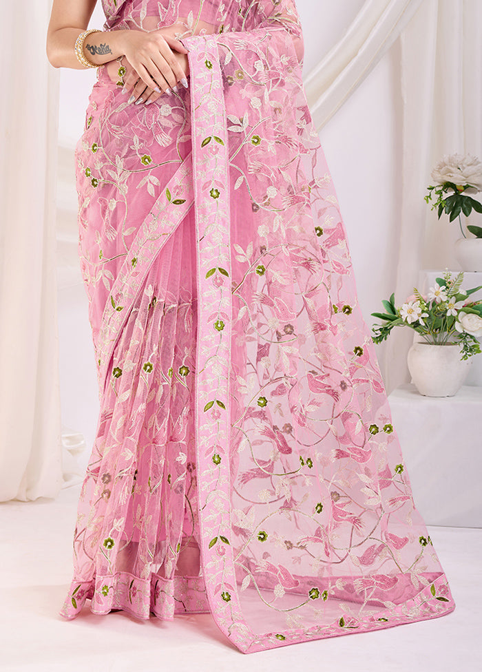 Pink Net Saree With Blouse Piece