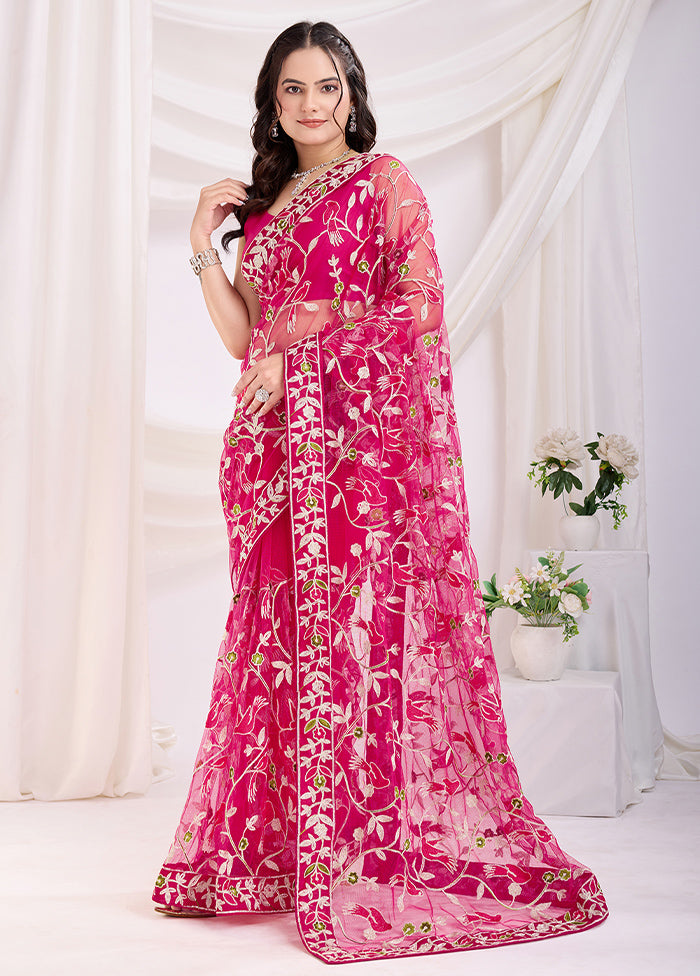 Dark Pink Net Saree With Blouse Piece