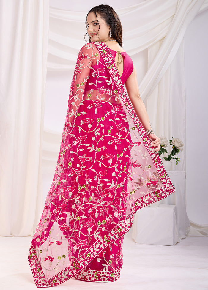 Dark Pink Net Saree With Blouse Piece