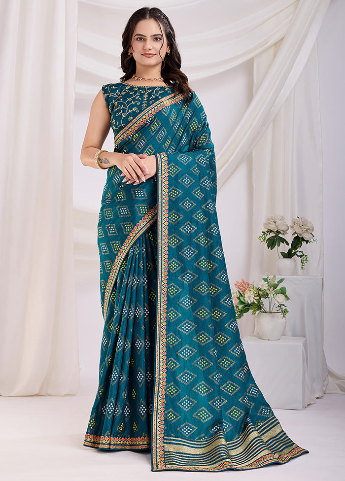 Teal Blue Spun Silk Saree With Blouse Piece