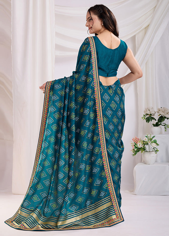 Teal Blue Spun Silk Saree With Blouse Piece