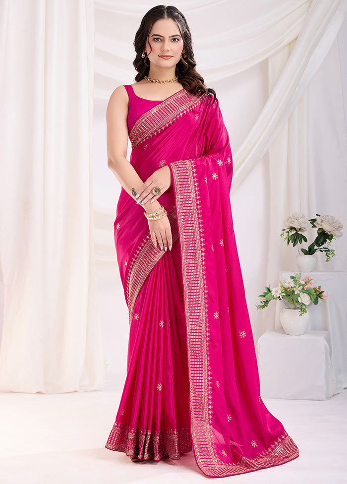 Dark Pink Spun Silk Saree With Blouse Piece