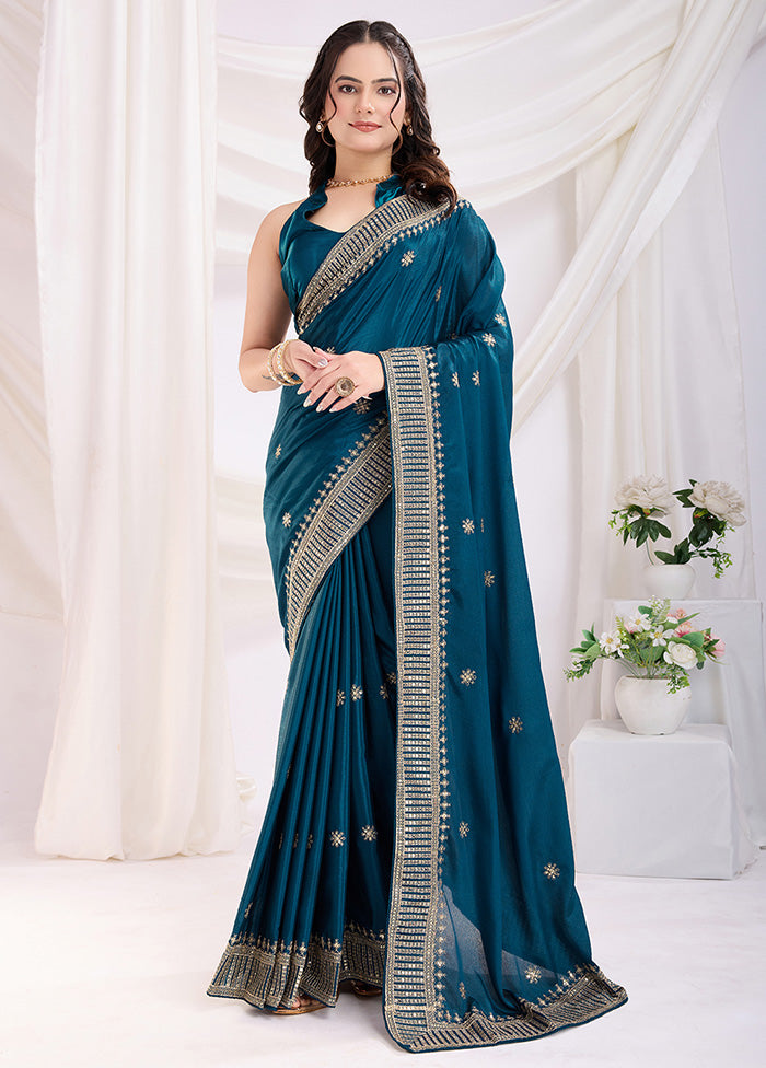 Teal Blue Spun Silk Saree With Blouse Piece