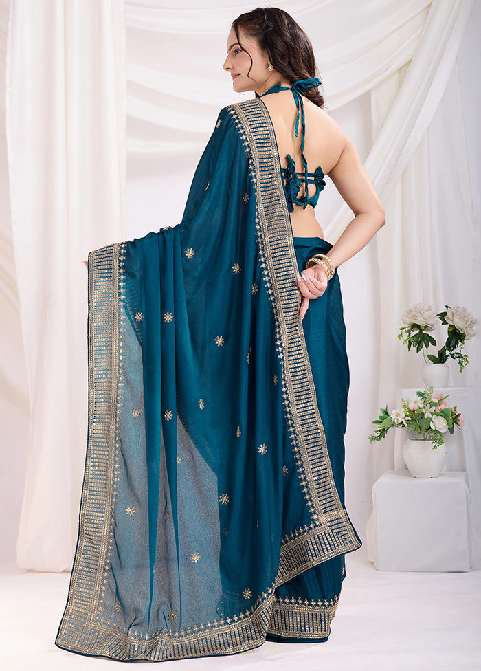 Teal Blue Spun Silk Saree With Blouse Piece