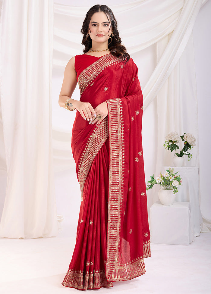 Red Spun Silk Saree With Blouse Piece