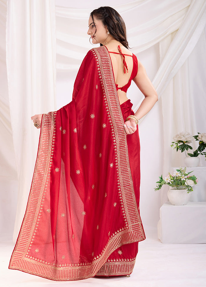 Red Spun Silk Saree With Blouse Piece