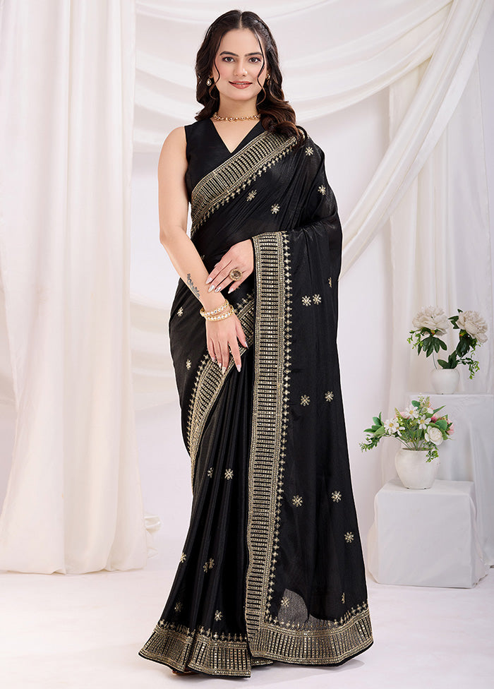 Black Spun Silk Saree With Blouse Piece