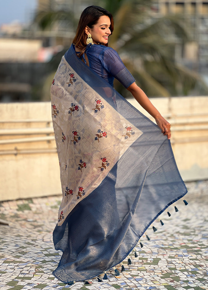 Blue Cotton Saree With Blouse Piece