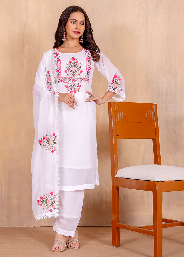 3 Pc Off White Readymade Georgette Dupatta Suit Set