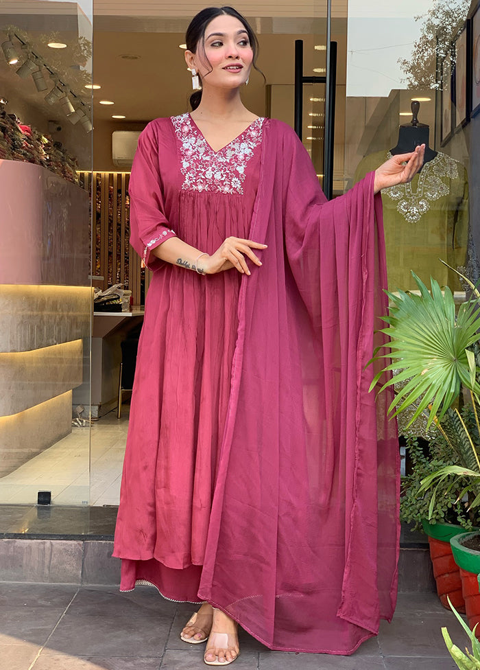 3 Pc Pink Readymade Viscose Dupatta Suit Set
