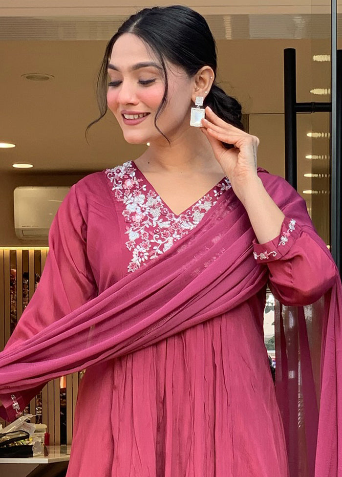 3 Pc Pink Readymade Viscose Dupatta Suit Set