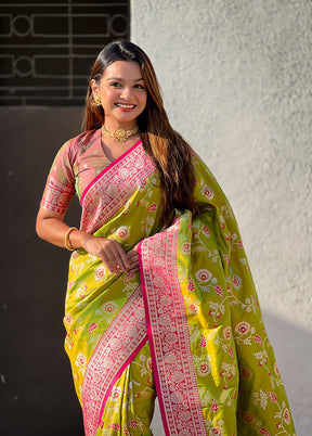 Mehendi Spun Silk Saree With Blouse Piece
