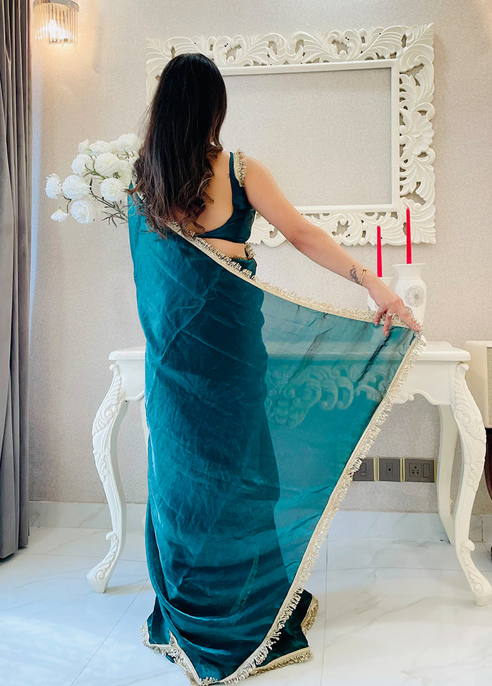 Teal Satin Silk Saree With Blouse Piece