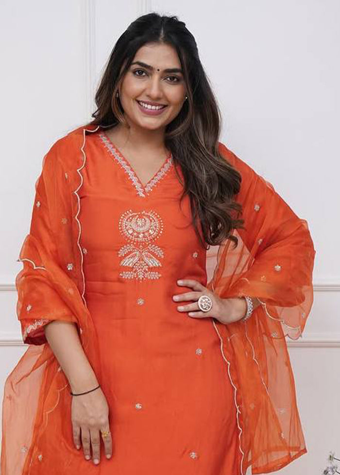 3 Pc Orange Readymade Viscose Dupatta Suit Set
