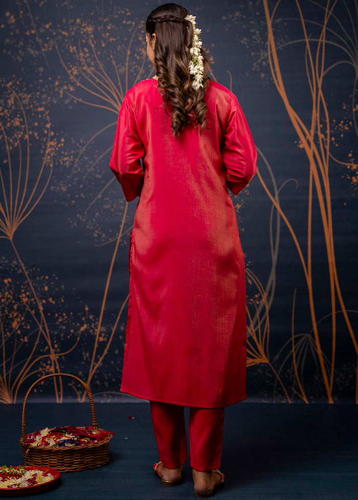 3 Pc Pink Readymade Silk Dupatta Suit Set