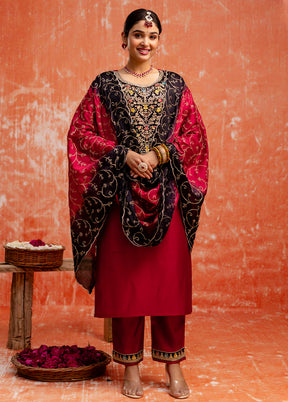 3 Pc Maroon Readymade Viscose Dupatta Suit Set