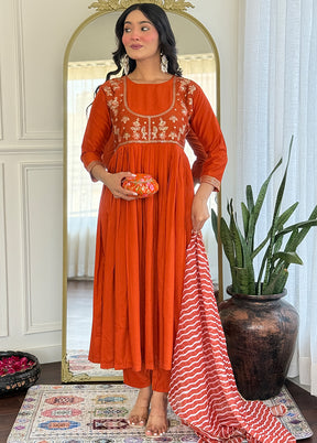 3 Pc Orange Readymade Viscose Dupatta Suit Set