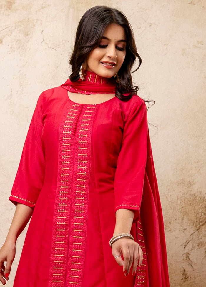3 Pc Pink Readymade Silk Dupatta Suit Set