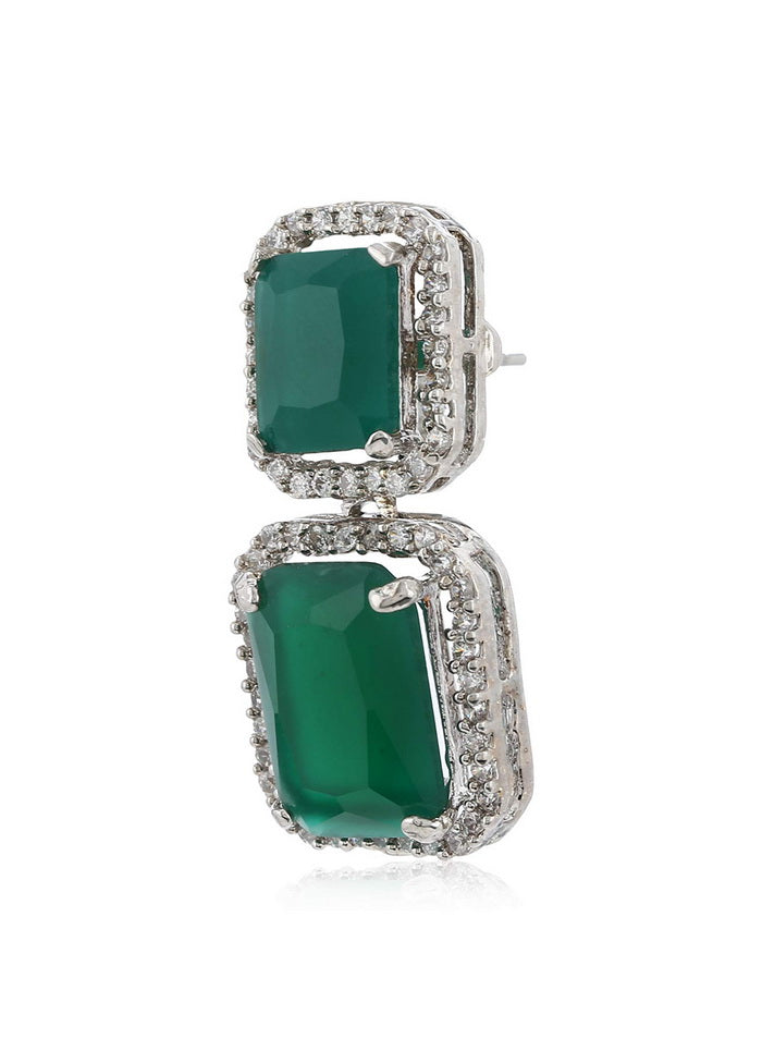 Estele Rhodium Plated Brass American Diamond Radiant Emerald CZ Drop Earrings for Women - Indian Silk House Agencies