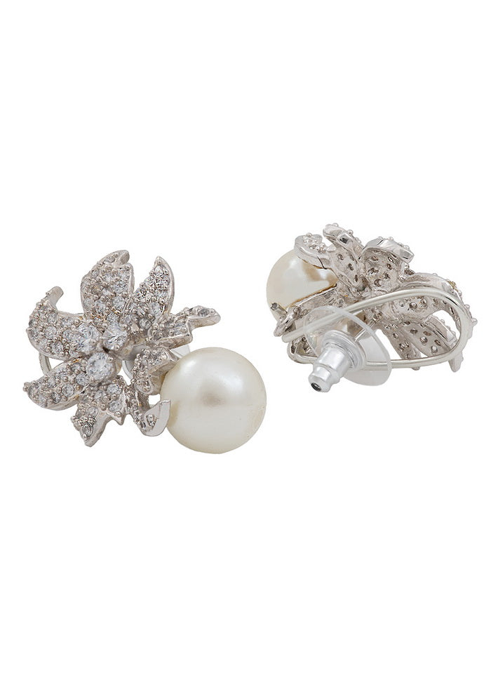 Estele Brass Rhodium Plated American Diamond Bell flower Golden Pearl Stud Earrings For Girls - Indian Silk House Agencies