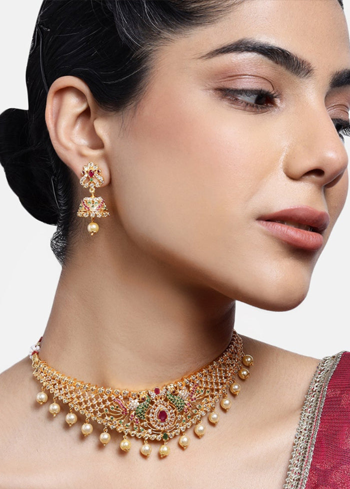 Gold Plated CZ Peacock Designer Bridal Choker Necklace Set - Indian Silk House Agencies