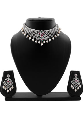 Rhodium Plated CZ Elegant Bridal Choker Necklace Set - Indian Silk House Agencies