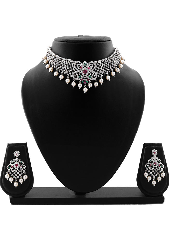 Rhodium Plated CZ Elegant Bridal Choker Necklace Set - Indian Silk House Agencies