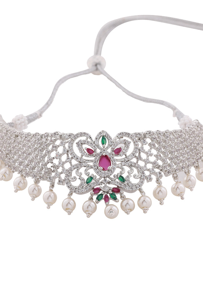 Rhodium Plated CZ Elegant Bridal Choker Necklace Set - Indian Silk House Agencies