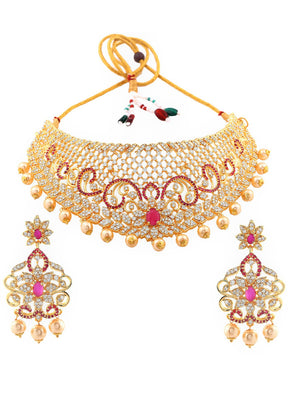 Gold Plated CZ Bridal Choker Necklace Set - Indian Silk House Agencies