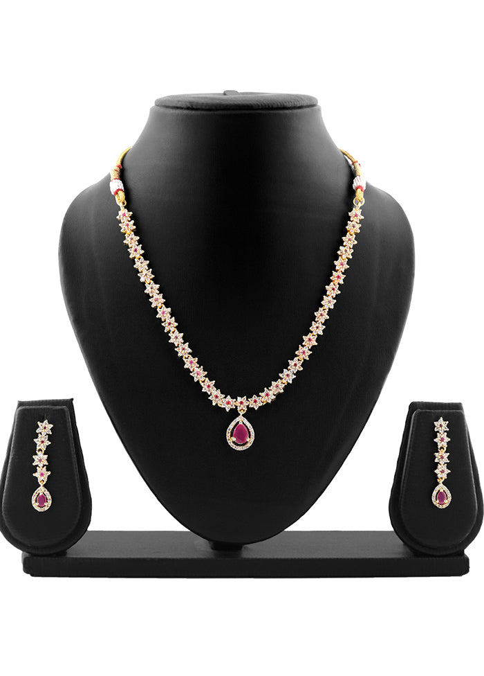 Gold Plated CZ Floral Line Bridal Necklace Set - Indian Silk House Agencies