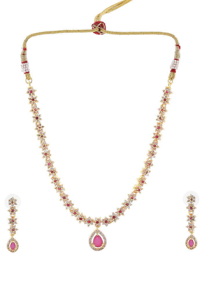 Gold Plated CZ Floral Line Bridal Necklace Set - Indian Silk House Agencies