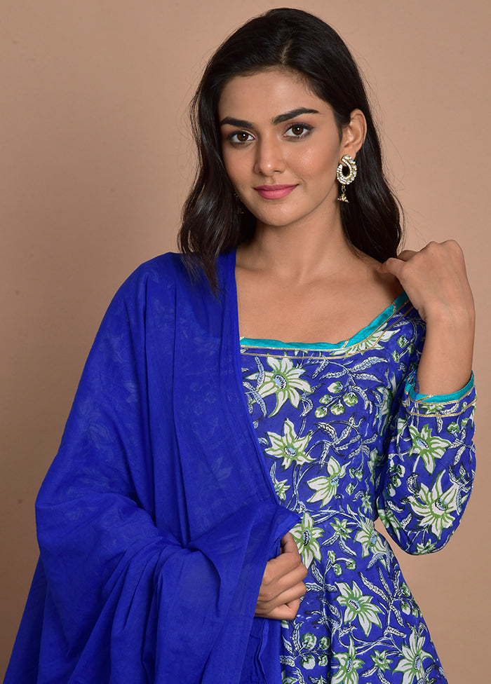 3 Pc Blue Cotton Suit Set With Dupatta VDRAN100090836 - Indian Silk House Agencies