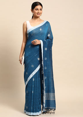 Blue Cotton Saree With Blouse Piece - Indian Silk House Agencies