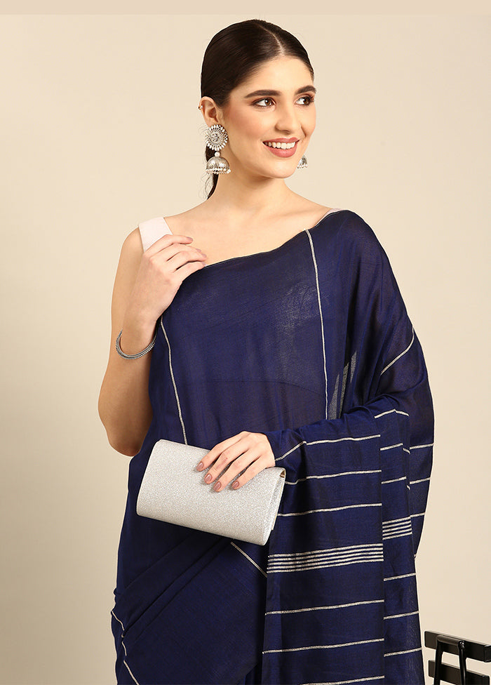 Navy Blue Cotton Saree With Blouse Piece - Indian Silk House Agencies