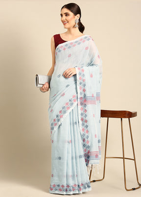 Sky Blue Cotton Saree With Blouse Piece - Indian Silk House Agencies